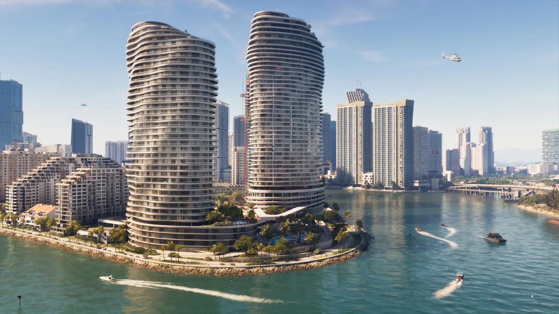 Boats passing the waterfront towers of Vice City